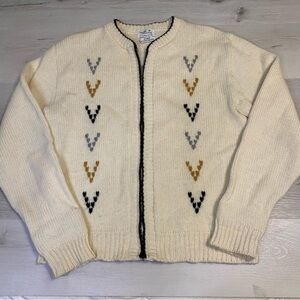 Vintage Sears Sportswear Wool Blend Full Zip Chevron Cardigan, Ivory/Multi, Sz M